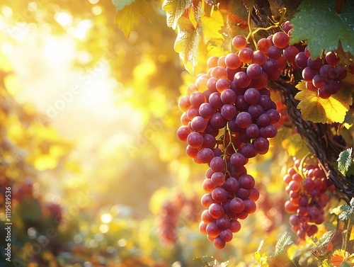 A vibrant cluster of red grapes hangs among lush green leaves, illuminated by warm sunlight in a vineyard setting.