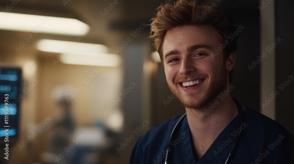 Friendly male nurse smiling warmly, symbolizing trust and care in the healthcare profession. Friendly male nurse smiling warmly, symbolizing trust and care in the healthcare profession.