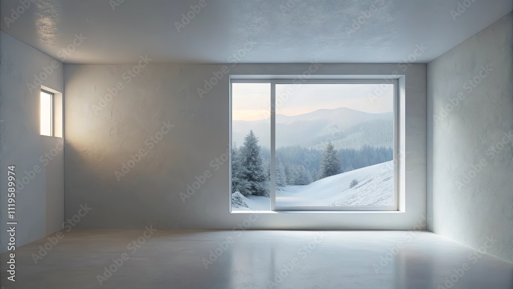 Fototapeta premium Empty room with large window showcasing a snowy mountain landscape
