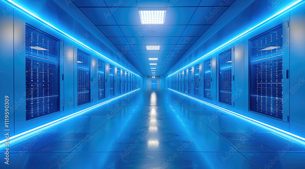 Fototapeta premium In a data center, blue lighting, with rows of servers and blinking network equipment creating a futuristic atmosphere.