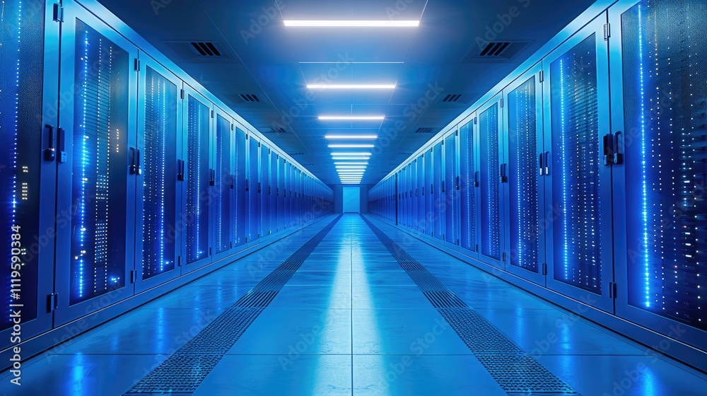 Fototapeta premium In a data center, blue lighting, with rows of servers and blinking network equipment creating a futuristic atmosphere.