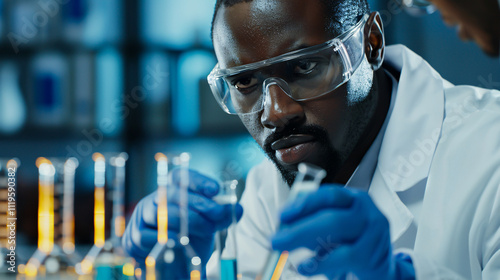 African American scientist researching samples in test tubes near blurred colleagues in a lab.
