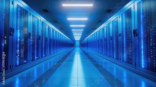 In a data center, blue lighting, with rows of servers and blinking network equipment creating a futuristic atmosphere.