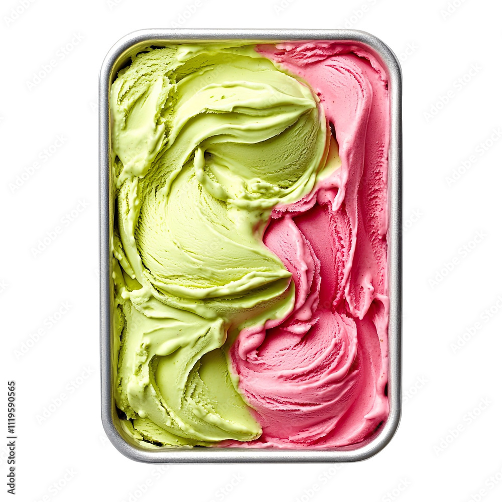 Obraz premium Extreme top view of hyper realistic pistachio rose gelato ice cream spread across a gelato steel tray isolated on a white transparent background