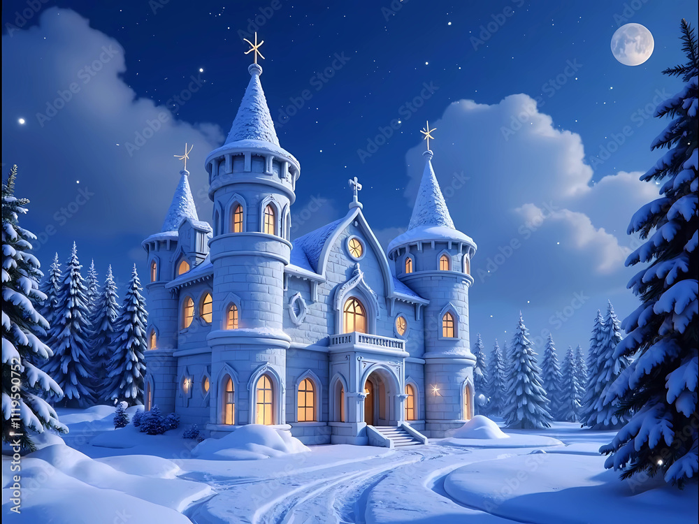 Enchanting Winter Castle at Night in Blue Tones for Holiday Magic Enchanting Winter Castle at Night in Blue Tones for Holiday Magic