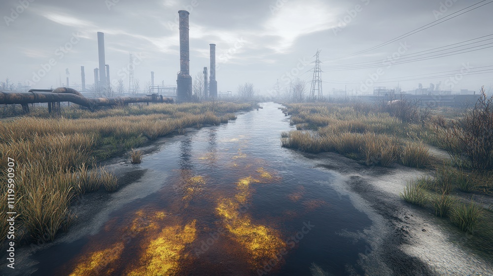 Polluted stream flows past abandoned industrial site.