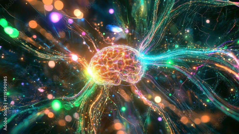 Illuminated brain with colorful energy streams. Illuminated brain with colorful energy streams.