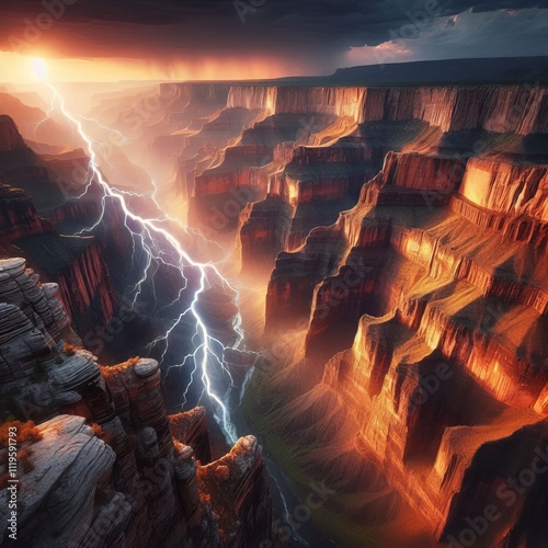 15 Lightning in a Canyon Lightning strikes near the edge of a ma photo