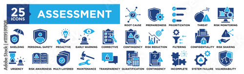 Assessment icon collection set. Containing design Root Cause, Preparedness, Prioritization, Potential Threat, Risk Monitoring