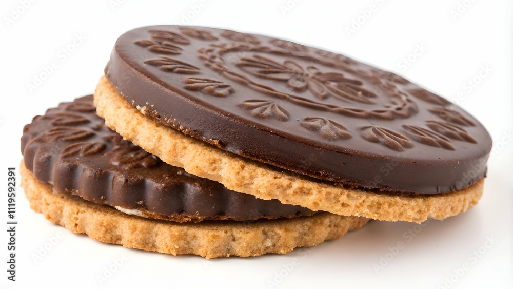 A chocolate-coated biscuit cookie, featuring a textured base, isolated against a pure white background, perfect for advertising A chocolate-coated biscuit cookie, featuring a textured base, isolated against a pure white background, perfect for advertising