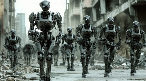Marching robotic soldiers equipped with heavy armor in a city reduced to rubble, highlighting the horrors of a future war.