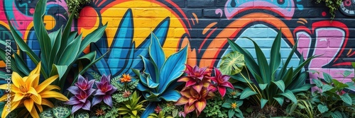 A beautiful vibrant mural painted on an old brick wall in a lush garden setting, plants, colorful, creative