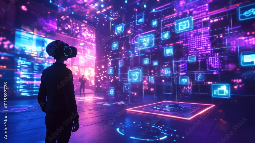 Child exploring vibrant metaverse with holographic icons and VR headset. Child exploring vibrant metaverse with holographic icons and VR headset.