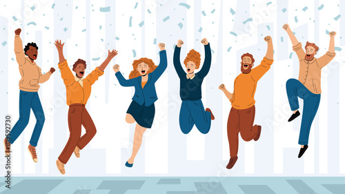 Festive celebration with a group of smiling people jumping for joy together. Minimalist vector
