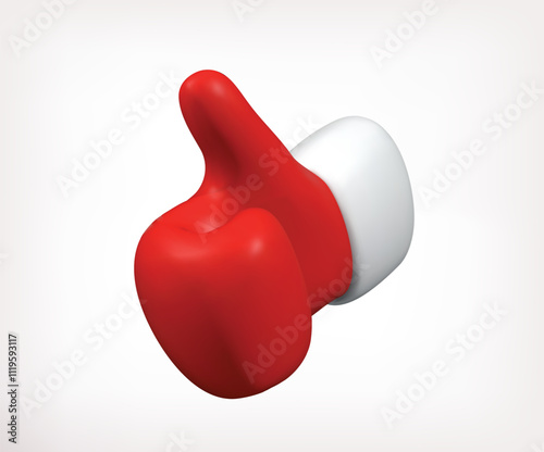 Thumb up gesture hand in Christmas mitten 3D vector icon. Winter warm red mitten Santa Claus glove accessory. Cartoon design element for New Year holidays like emoticon, positive reaction. 