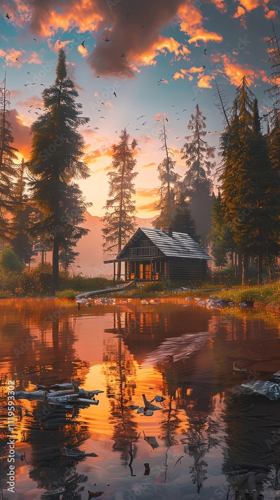Obraz premium A secluded lakeside cabin in the mountains. The setting sun casts a golden glow on the cabin and the surrounding trees. The water is still and reflects the beauty of the scene.