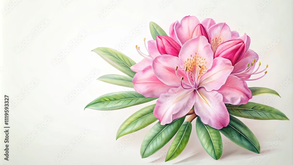 Obraz premium Delicate Pink Rhododendron Blossom with Lush Green Foliage