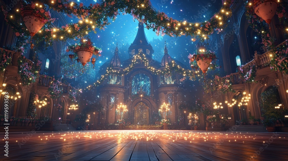 A magical indoor space adorned with lights, flowers, and an enchanting atmosphere. A magical indoor space adorned with lights, flowers, and an enchanting atmosphere.
