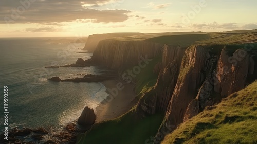 Dramatic sunset over coastal cliffs, ocean waves crashing against rocky shore, green grassy hills.