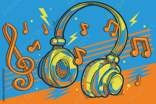 Music design - colorful audio headphones and musical notes