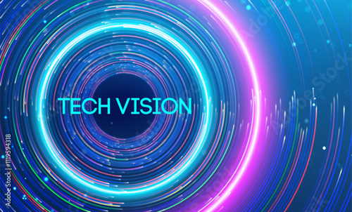 Tech vision represented through bright, swirling light trails in a concentric design. Big data and data science integration with advanced technology and artificial intelligence concepts.