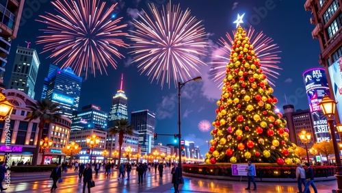 Christmas tree with fireworks in the downtown, night city view, christmas and new year festive atmosphere  photo