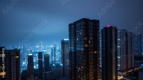 A modern apartment at the top of a luxury condo building with a stunning view of the city skyline, condominium, modern