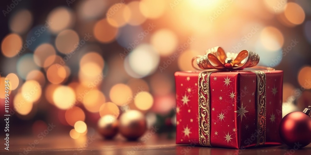 Golden christmas ball resting on a shiny golden star bokeh background inside a festive gift box, bokeh, shiny, holiday Golden christmas ball resting on a shiny golden star bokeh background inside a festive gift box, bokeh, shiny, holiday
