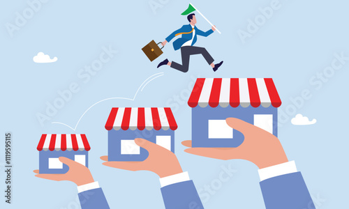 Marketing to improve retail store and achieve success, franchise license or business growth opportunity, expand storefront growing business, confidence businessman jumping on bigger franchise shop.