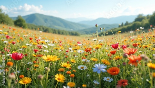 Colorful field of wildflowers in bloom against a backdrop of rolling hills and a clear sky