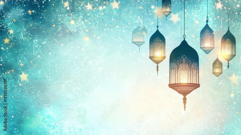 Glowing Lanterns Above a Serene Mosque Silhouette Glowing Lanterns Above a Serene Mosque Silhouette