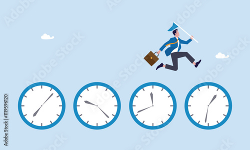 Fast pace project concept, time management, procrastination or work productivity, finish project within deadline, work efficiency or planning, businessman expert jumping on time passing clock.