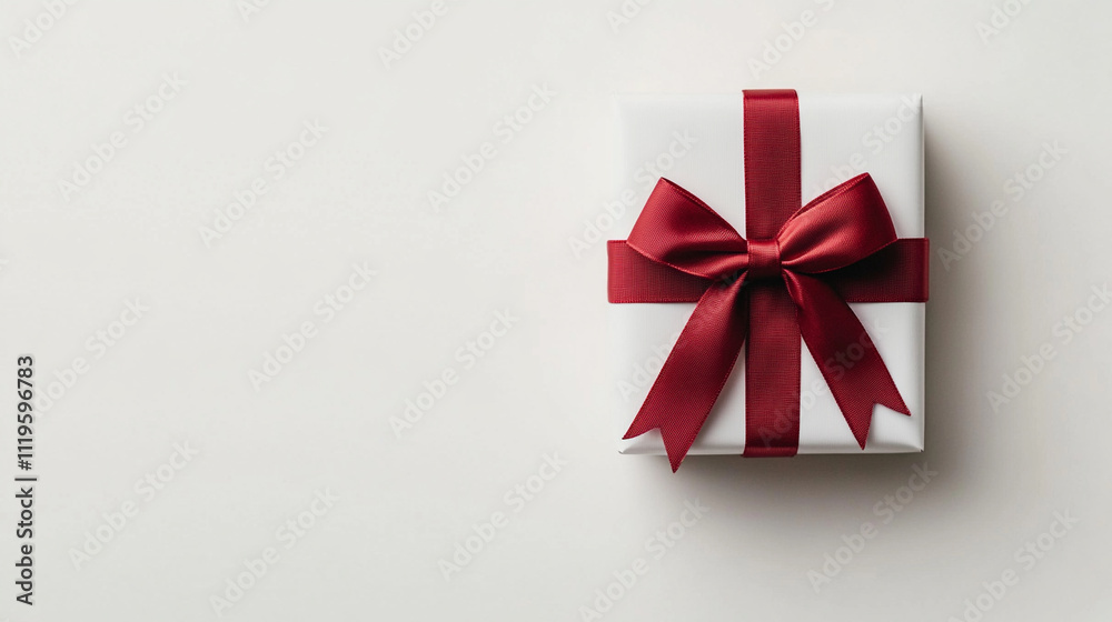 Elegant gift box with a red ribbon on a clean white surface, perfect for celebrations. Elegant gift box with a red ribbon on a clean white surface, perfect for celebrations.