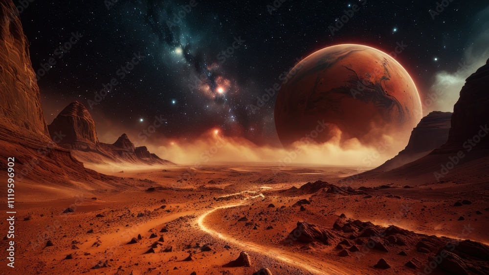 A breathtaking view of a Martian landscape under a starry sky ...