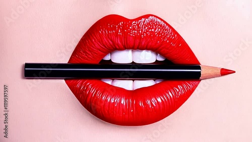 Close-up of vibrant red lips holding a matching lip pencil, symbolizing beauty and creativity