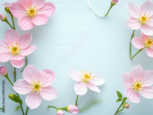 Colorful spring flowers blossoming on a textured paper background, seasonal, nature