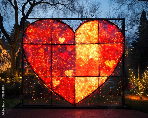 A vibrant heart-shaped light installation glows warmly against a backdrop of trees, creating a romantic and festive atmosphere perfect for celebrations and events.