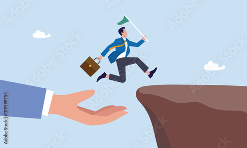 Assistance or advice to reach next level, solution or employee encouragement concept, helping hand or support to help achieve success, giant hand help businessman to jump up the cliff reach success.