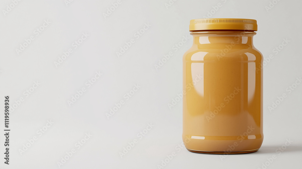 Creamy peanut butter jar on a light background, perfect for spreads and baking at home or in the kitchen Creamy peanut butter jar on a light background, perfect for spreads and baking at home or in the kitchen