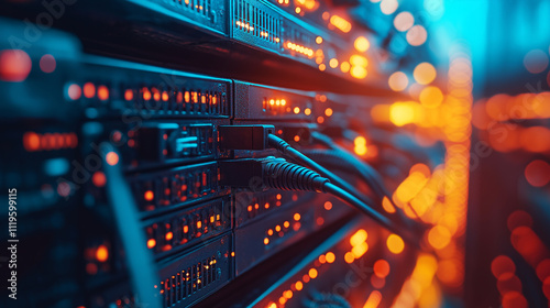 Abstract close-up of network cables and equipment in a data center, high-speed internet concept