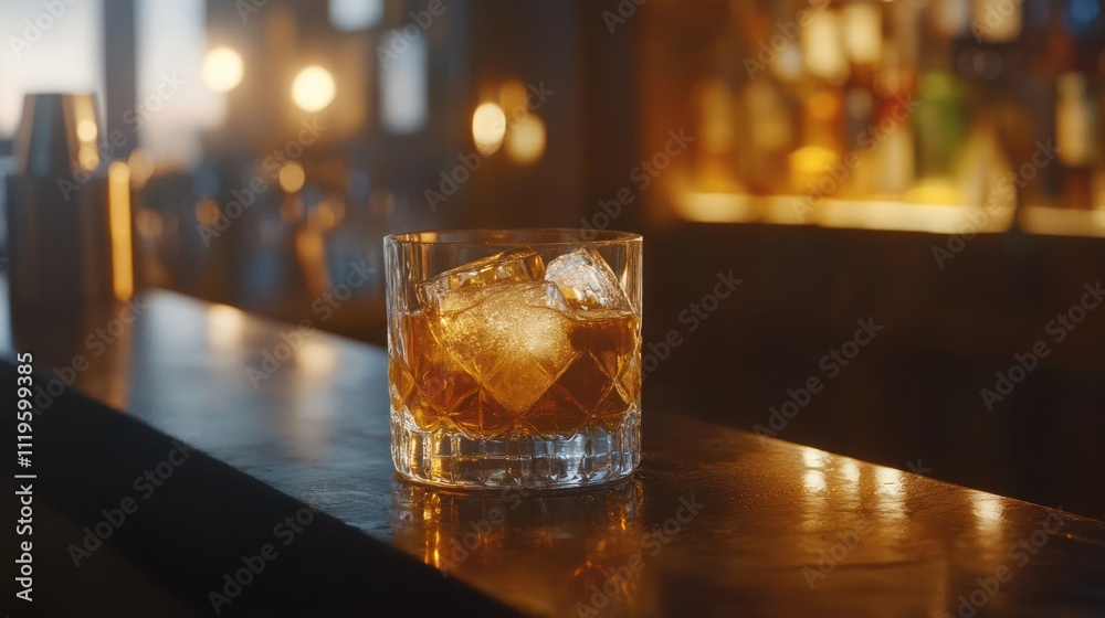 Whiskey on the rocks in a rocks glass on a bar counter. Whiskey on the rocks in a rocks glass on a bar counter.