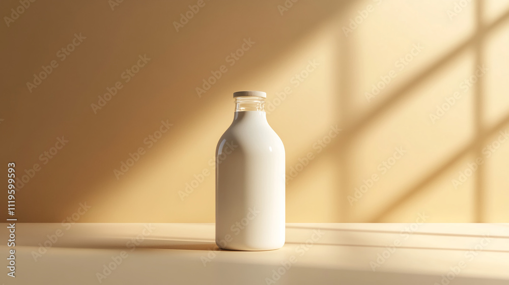 Fresh milk in a glass bottle illuminated by soft sunlight in a minimalist setting Fresh milk in a glass bottle illuminated by soft sunlight in a minimalist setting