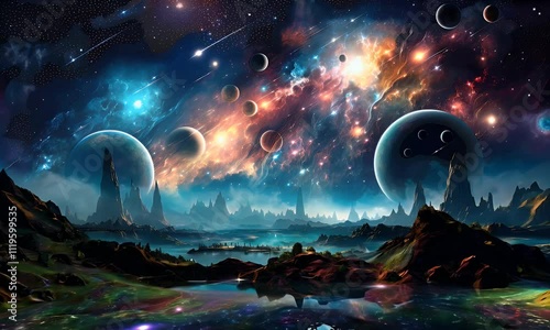 celestial wonderland, with planets, stars, and cosmic phenomena forming a backdrop for a mystical holiday celebration.