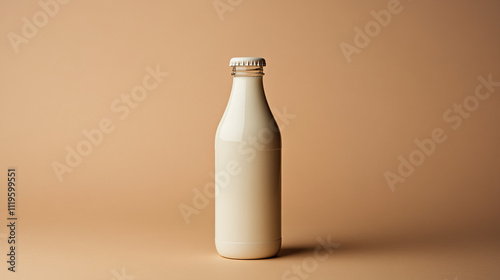 Creamy bottle of milk on a warm-toned background, highlighting its smooth texture and simplicity at a minimalistic angle