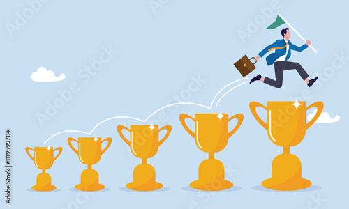 Confident businessman jumping from small win trophy to get bigger one, strategy or inspiration to success, victory or win award concept, small win or achievement to motivate to achieve bigger goal.