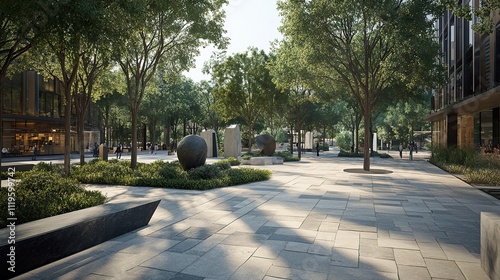 Modern urban plaza with lush greenery, stone paving, and spherical sculptures. People stroll through the sunlit space. photo