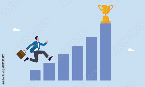 Career development concept, take small steps to achieve big goal, growing wisely slow and steady to reach target and achieve success, confidence businessman take slow small stair steps to reach goal.