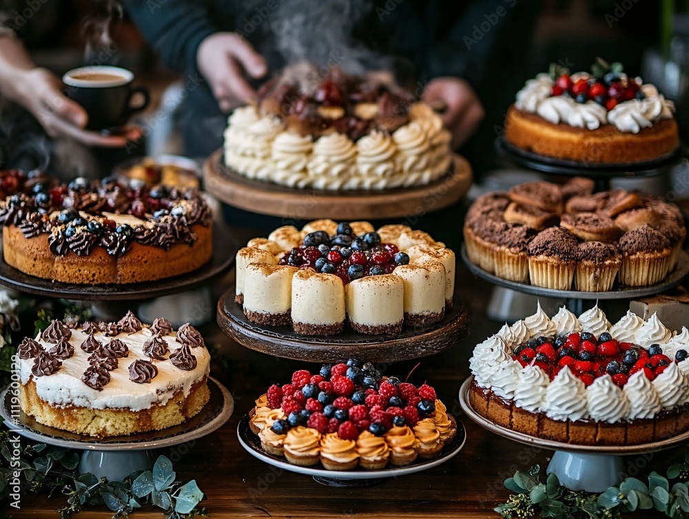 A beautifully arranged assortment of cakes and pastries, adorned with fresh fruits and cream, perfect for dessert lovers and special occasions. A beautifully arranged assortment of cakes and pastries, adorned with fresh fruits and cream, perfect for dessert lovers and special occasions.