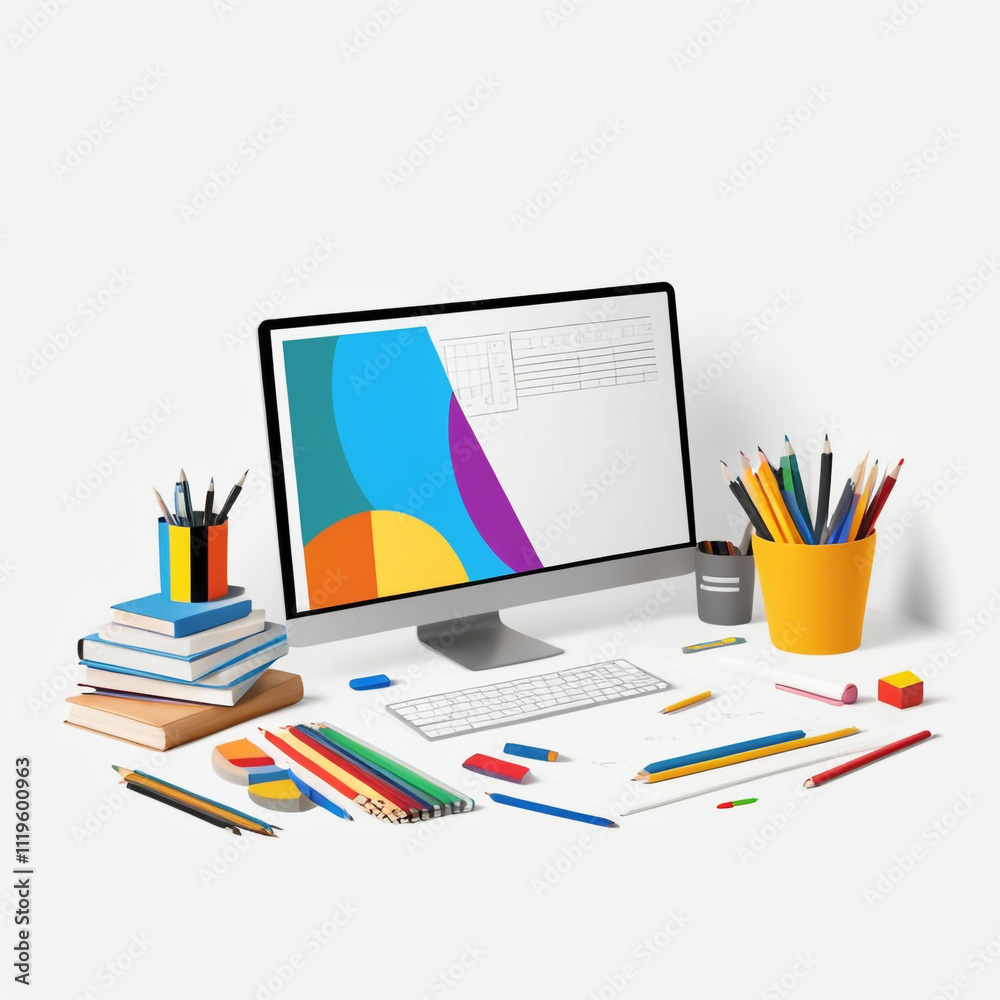 Online school equipment at home with background Home Office with Stationery Storage Flat lay shot of the relaxing workspace a wall with a picture of a diamond on it
