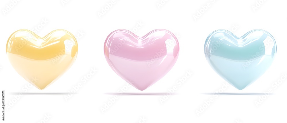 Colorful, glossy heart shapes in pastel shades perfect for expressing love and affection in any design context. Colorful, glossy heart shapes in pastel shades perfect for expressing love and affection in any design context.